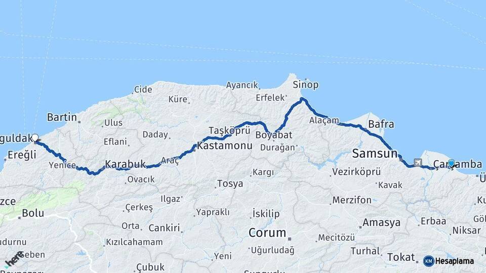 Samsun Terme Zonguldak Arası Kaç Km - Yol Haritası