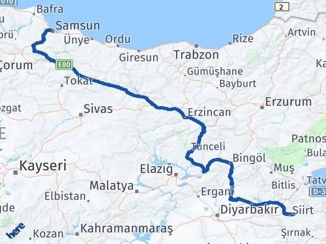 Samsun Tillo Siirt Arası Kaç Km - Yol Haritası