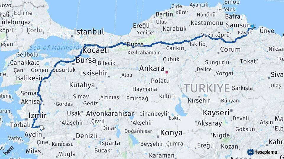 Samsun Tire İzmir Arası Kaç Km - Yol Haritası
