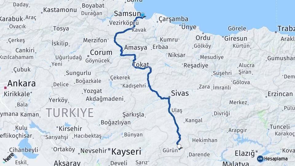 Samsun Tokat Havalimanı Arası Kaç Km - Yol Haritası