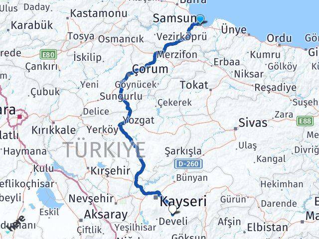 Samsun Tomarza Kayseri Arası Kaç Km - Yol Haritası