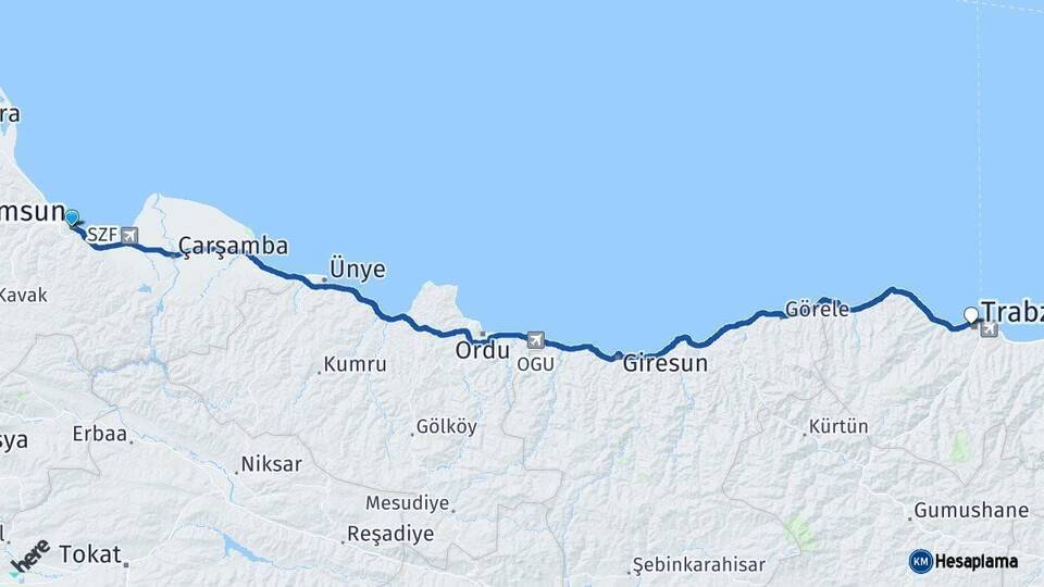 Samsun Trabzon Arası Kaç Km - Yol Haritası