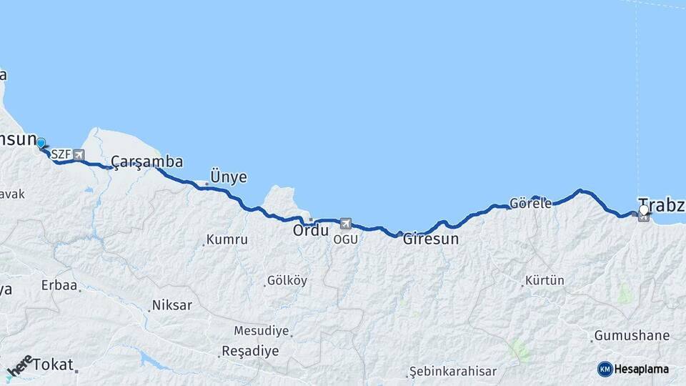 Samsun Trabzon Havalimanı Arası Kaç Km - Yol Haritası