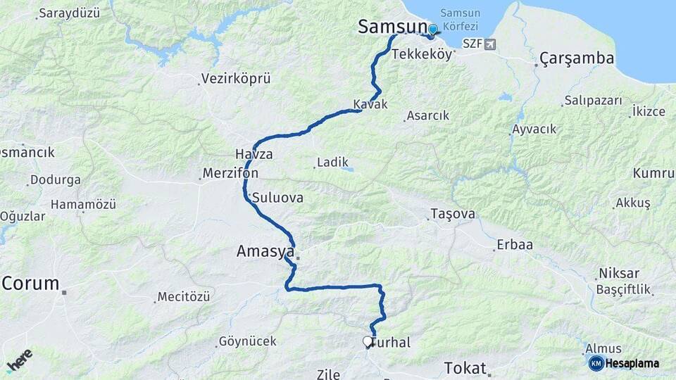 Samsun Turhal Tokat Arası Kaç Km - Yol Haritası