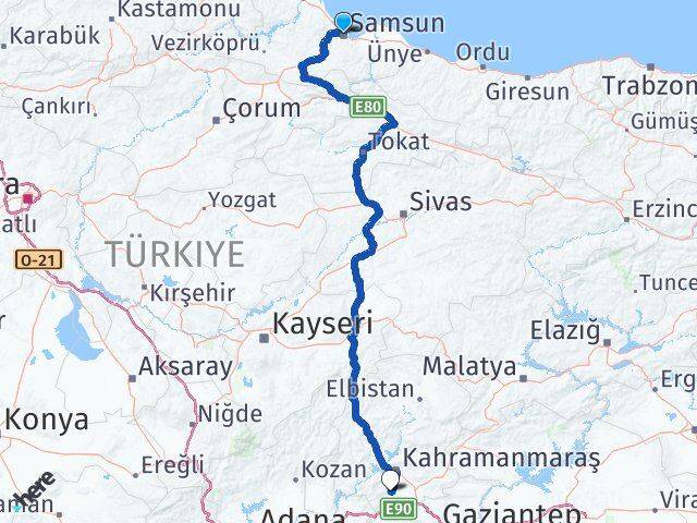Samsun Türkoğlu Kahramanmaraş Arası Kaç Km - Yol Haritası