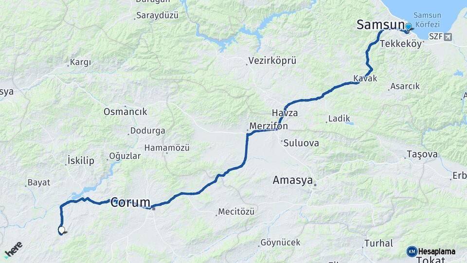Samsun Uğurludağ Çorum Arası Kaç Km - Yol Haritası