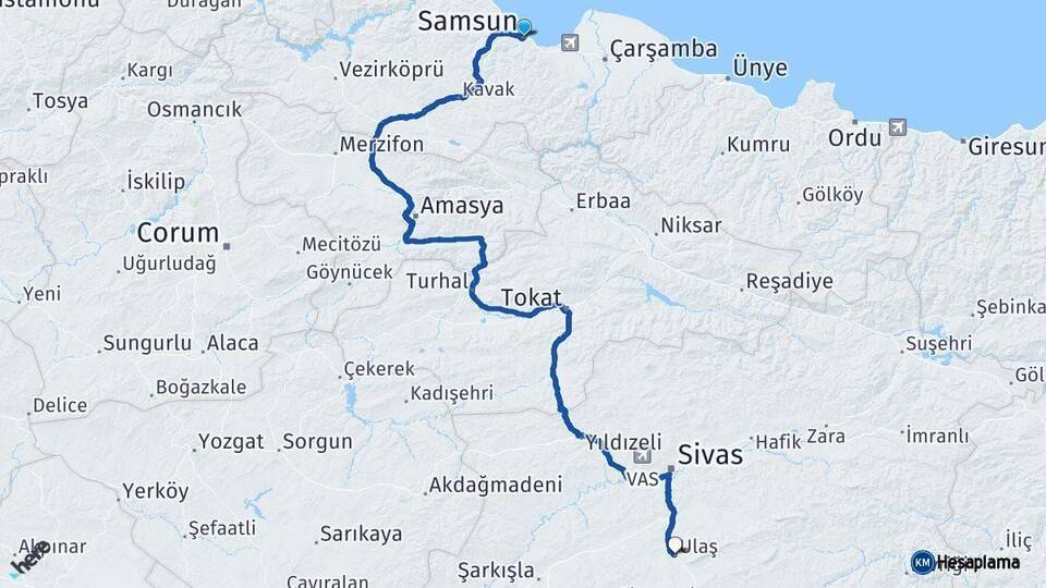 Samsun Ulaş Sivas Arası Kaç Km - Yol Haritası