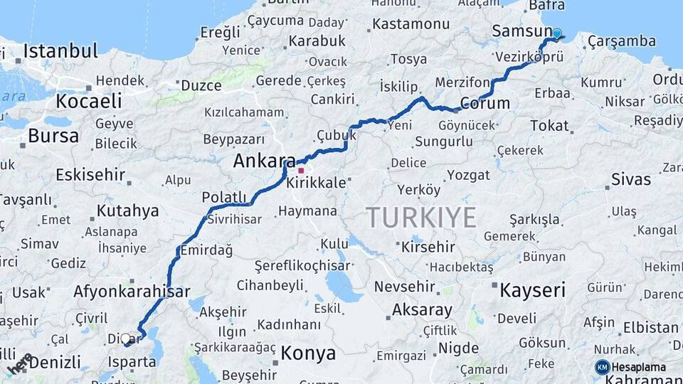 Samsun Uluborlu Arası Kaç Km - Yol Tarifi