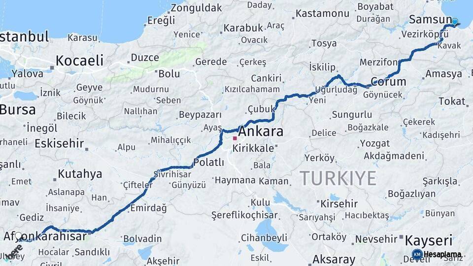 Samsun Uşak Arası Kaç Km - Yol Haritası