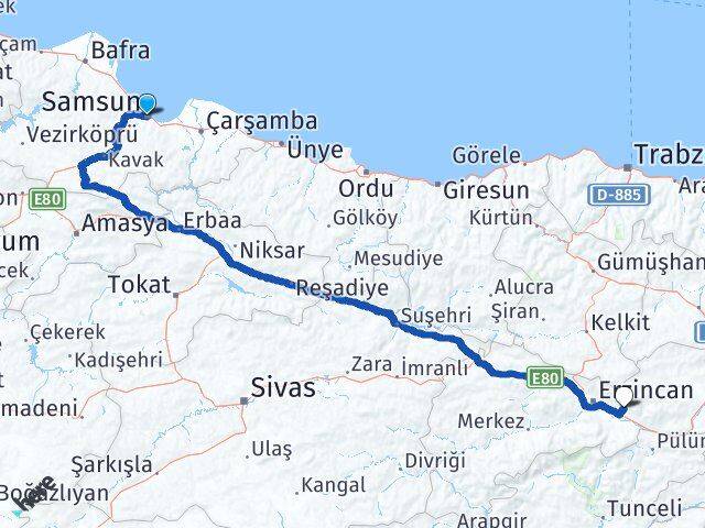Samsun Üzümlü Erzincan Arası Kaç Km - Yol Haritası