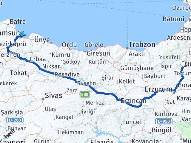 Samsun Uzundere Erzurum Arası Kaç Km - Yol Haritası