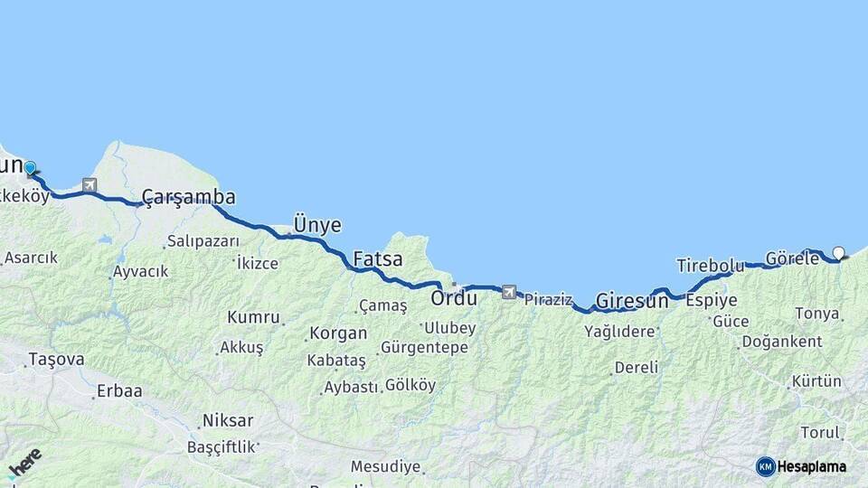 Samsun Vakfıkebir Trabzon Arası Kaç Km - Yol Haritası