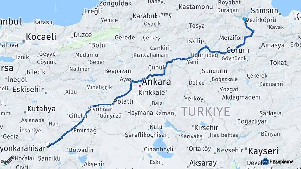 Samsun Vezirköprü Afyonkarahisar Arası Kaç Km - Yol Haritası