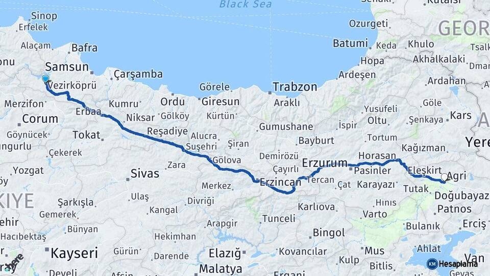 Samsun Vezirköprü Ağrı Arası Kaç Km - Yol Haritası
