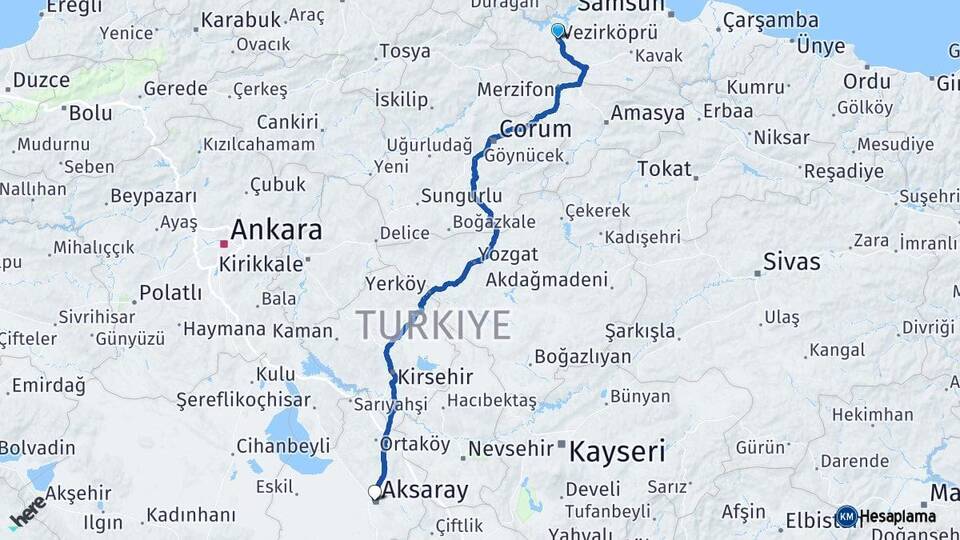 Samsun Vezirköprü Aksaray Arası Kaç Km - Yol Haritası