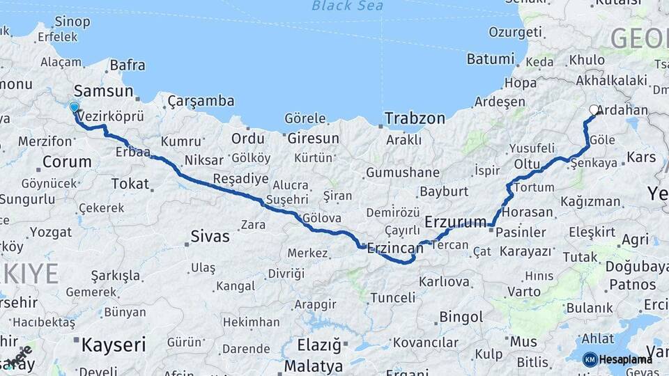 Samsun Vezirköprü Ardahan Arası Kaç Km - Yol Haritası