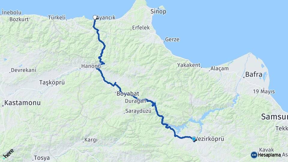 Samsun Vezirköprü Ayancık Sinop Arası Kaç Km - Yol Haritası