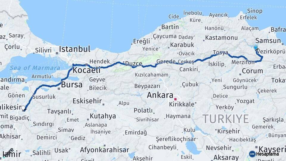 Samsun Vezirköprü Balıkesir Arası Kaç Km - Yol Haritası