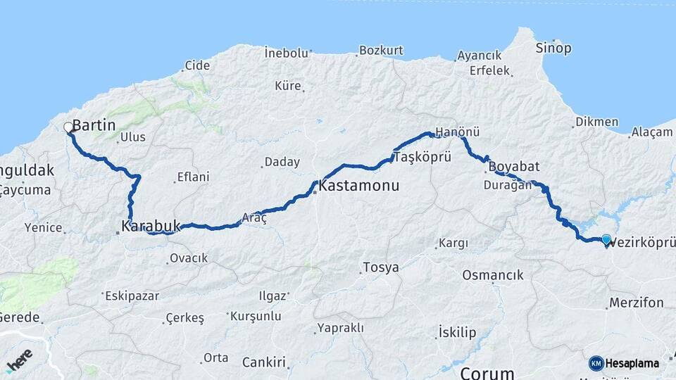 Samsun Vezirköprü Bartın Arası Kaç Km - Yol Haritası