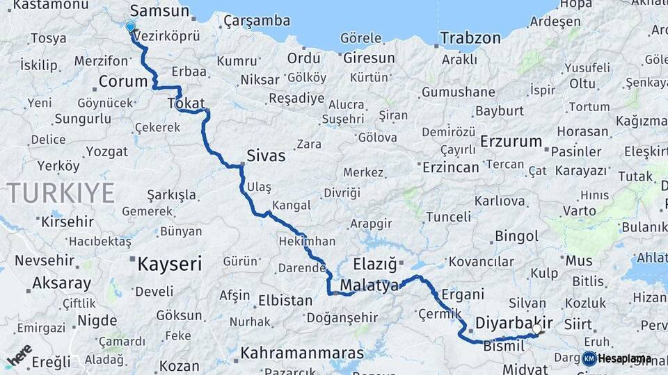 Samsun Vezirköprü Batman Arası Kaç Km - Yol Haritası