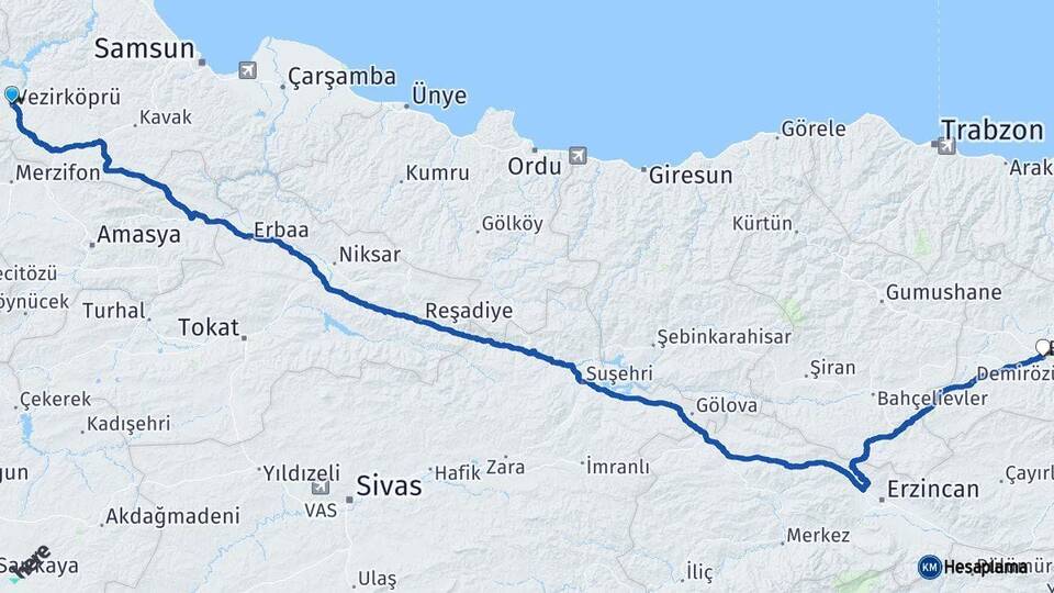 Samsun Vezirköprü Bayburt Arası Kaç Km - Yol Haritası