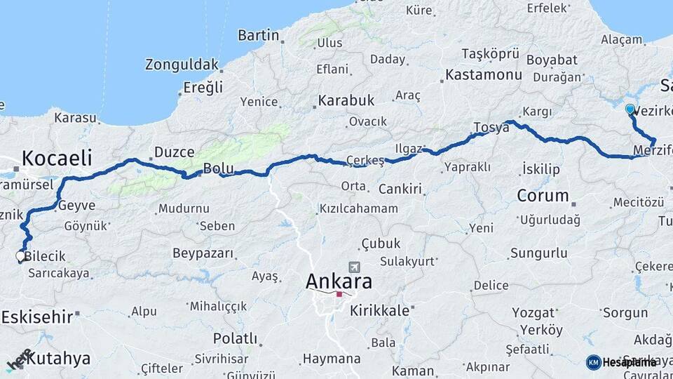 Samsun Vezirköprü Bilecik Arası Kaç Km - Yol Haritası
