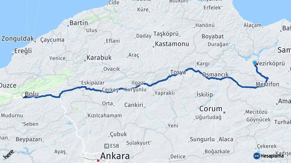 Samsun Vezirköprü Bolu Arası Kaç Km - Yol Haritası