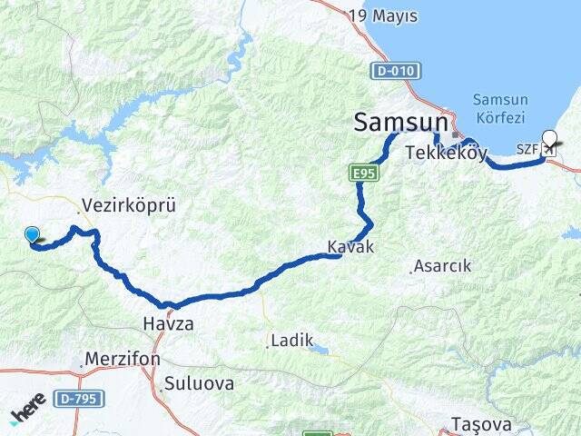 Boruk Çarşamba Havalimanı Arası Kaç Km - Yol Tarifi