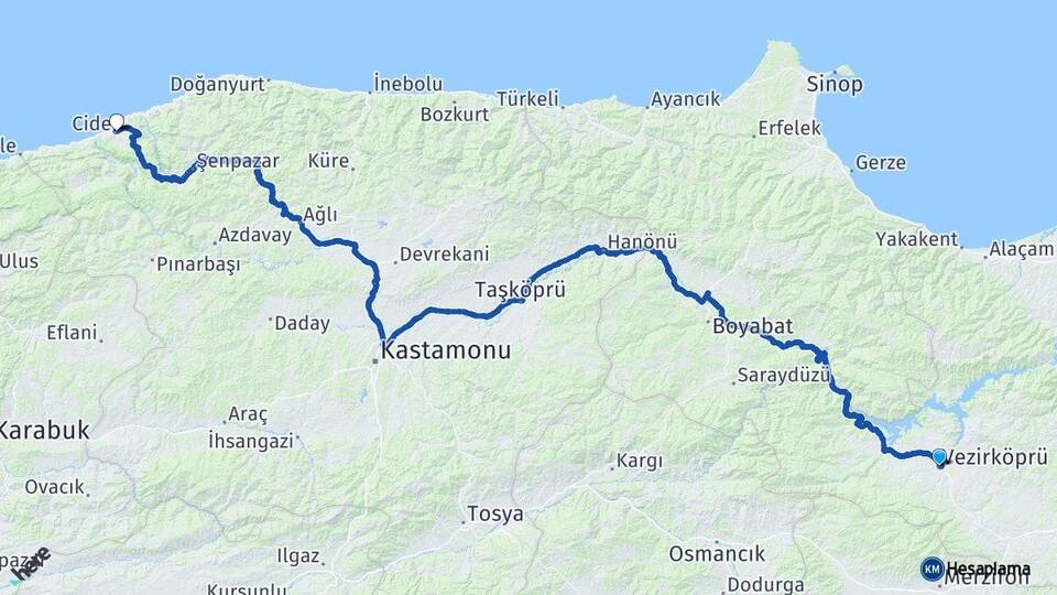 Samsun Vezirköprü Cide Kastamonu Arası Kaç Km - Yol Haritası