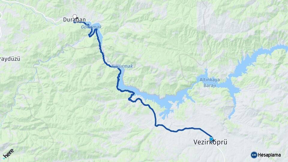 Samsun Vezirköprü Durağan Sinop Arası Kaç Km - Yol Haritası