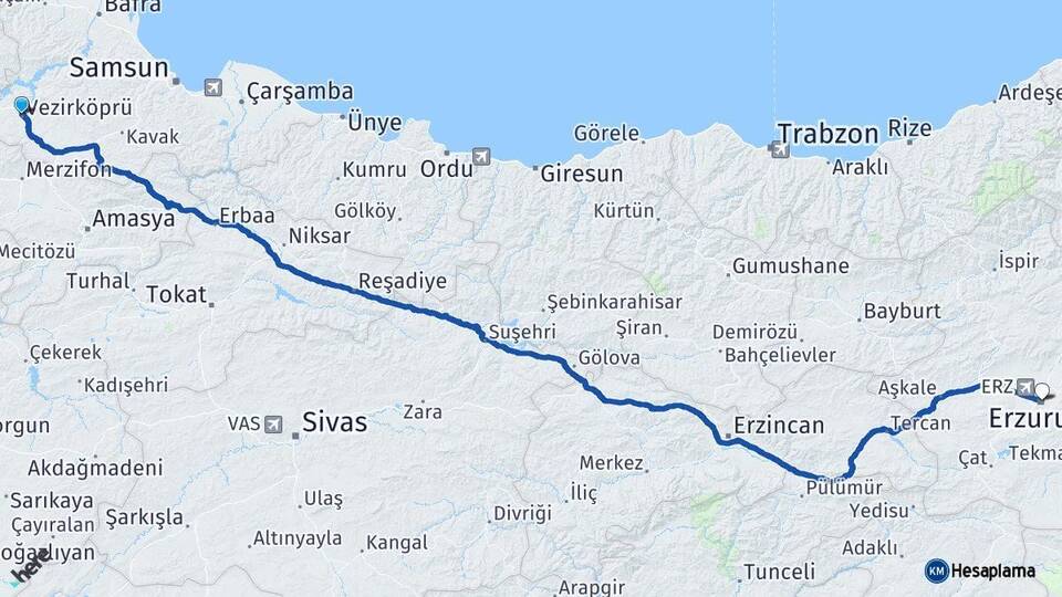 Samsun Vezirköprü Erzurum Arası Kaç Km - Yol Haritası