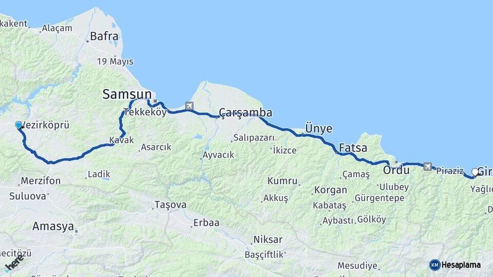 Samsun Vezirköprü Giresun Arası Kaç Km - Yol Haritası