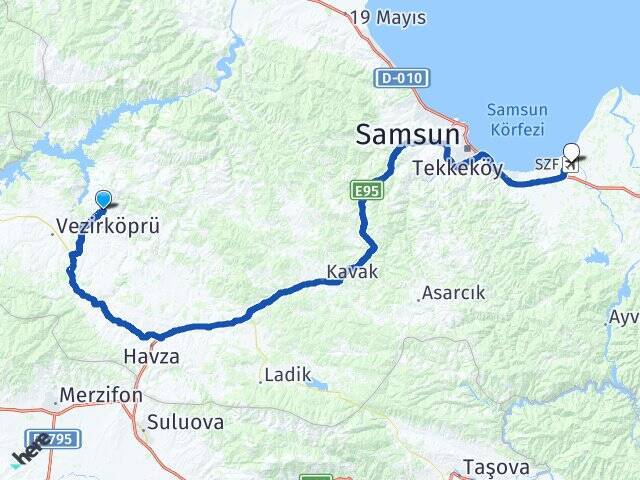 Güldere Çarşamba Havalimanı Arası Kaç Km - Yol Tarifi