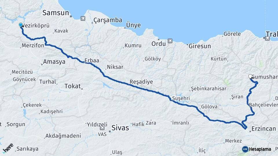 Samsun Vezirköprü Gümüşhane Arası Kaç Km - Yol Haritası