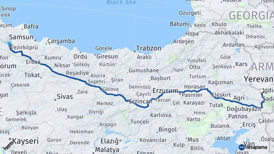 Samsun Vezirköprü Iğdır Arası Kaç Km - Yol Haritası