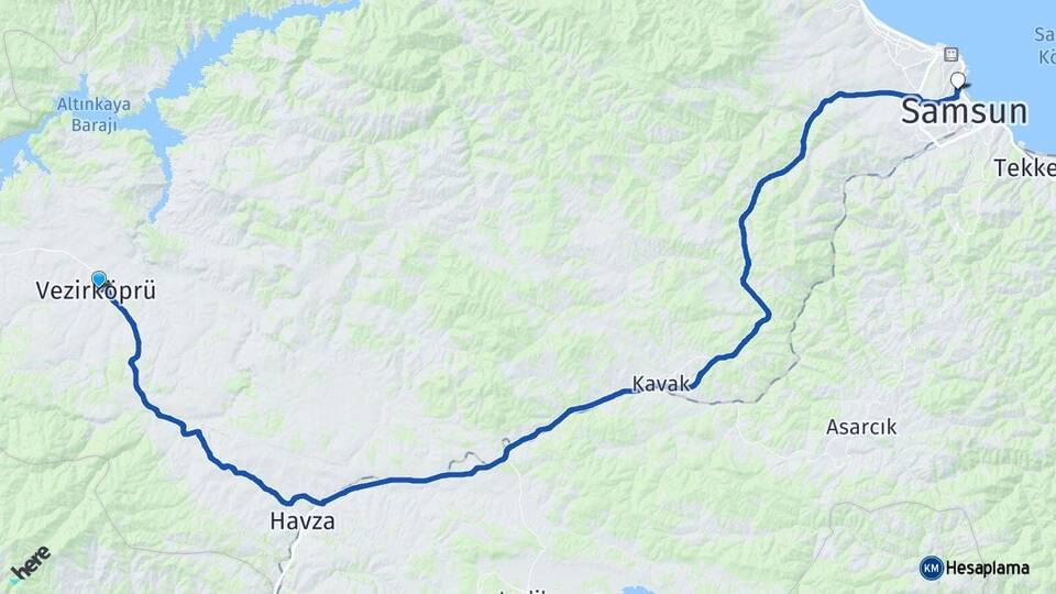 Samsun Vezirköprü İlkadım Arası Kaç Km - Yol Haritası