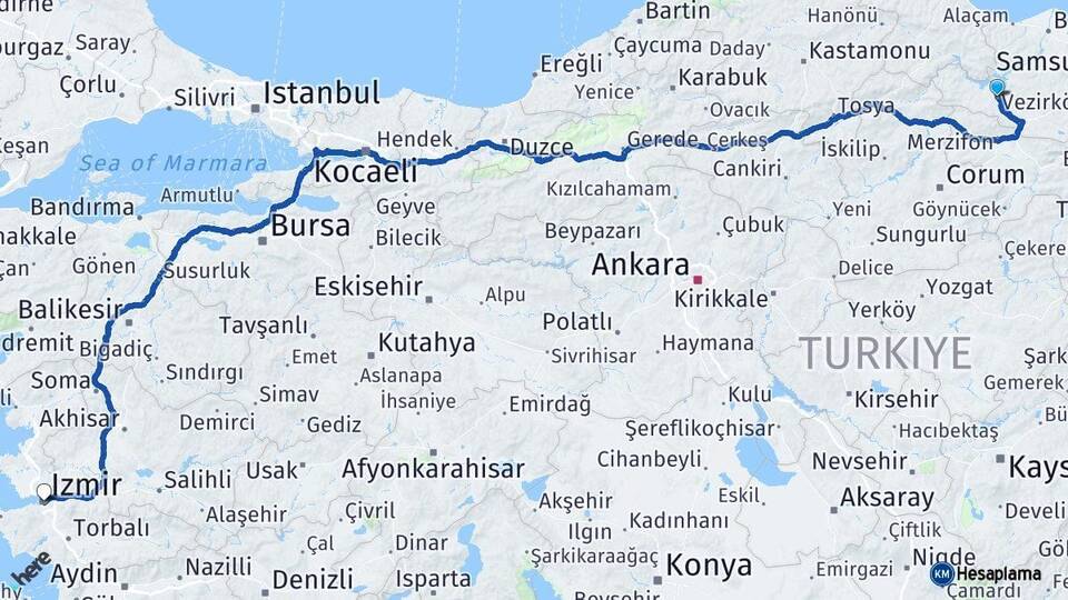 Samsun Vezirköprü İzmir Arası Kaç Km - Yol Haritası