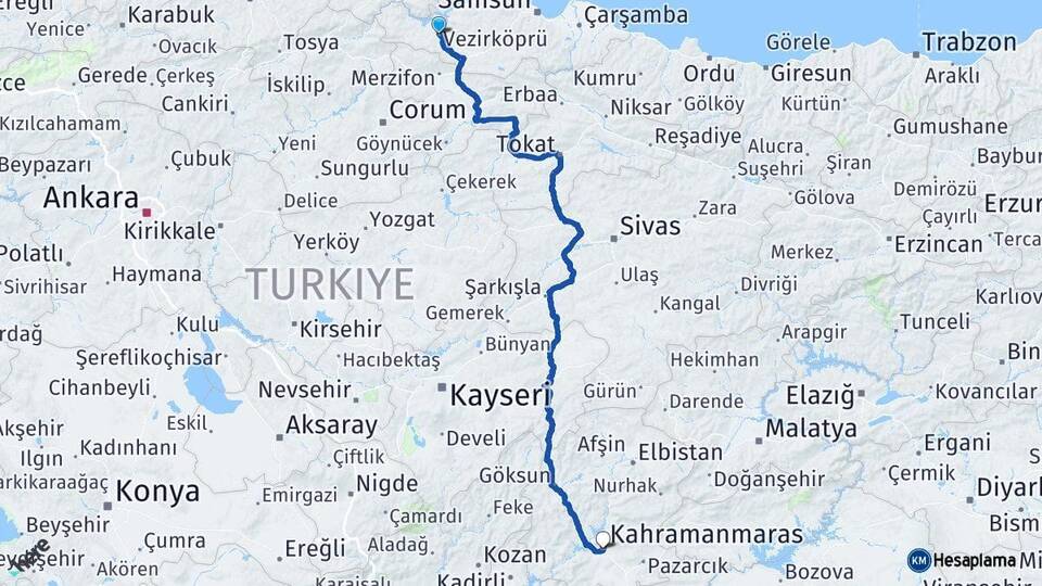 Samsun Vezirköprü Kahramanmaraş Arası Kaç Km - Yol Haritası