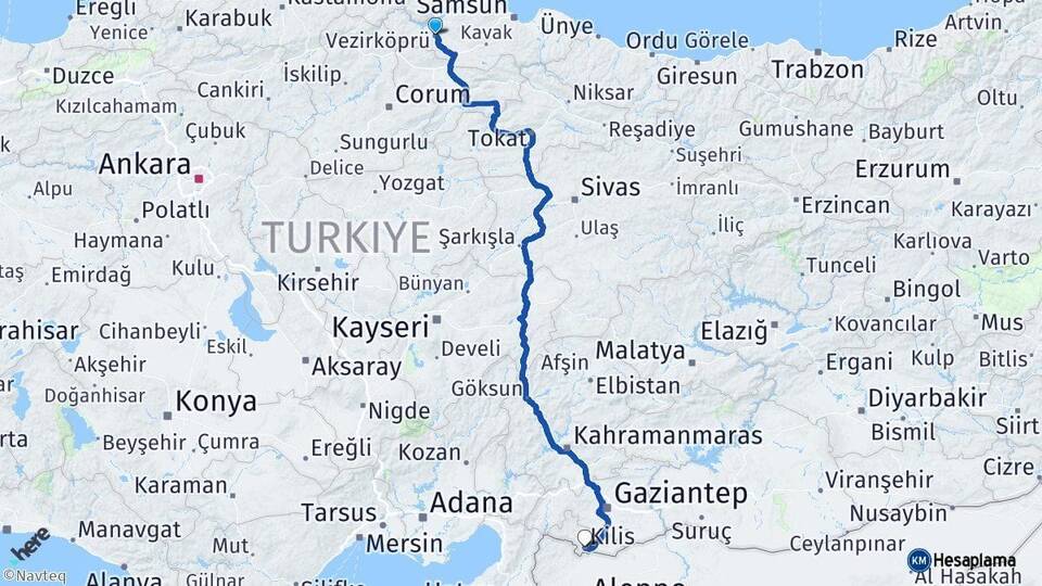 Samsun Vezirköprü Kilis Arası Kaç Km - Yol Haritası