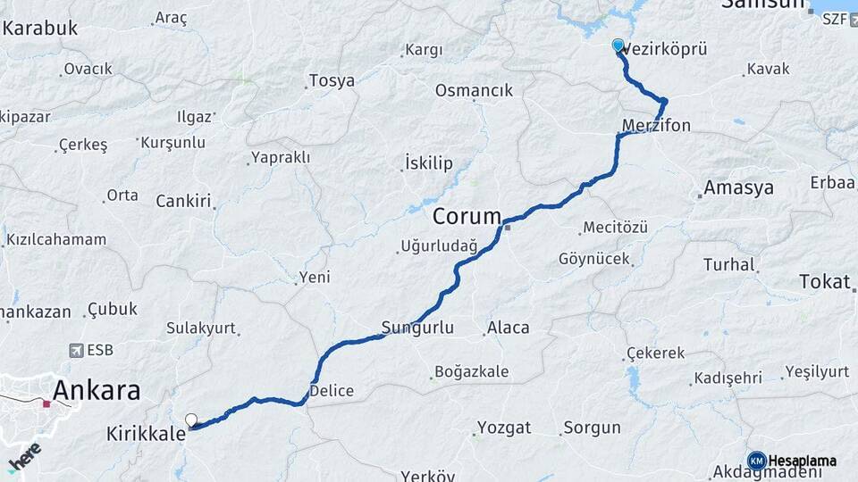 Samsun Vezirköprü Kırıkkale Arası Kaç Km - Yol Haritası