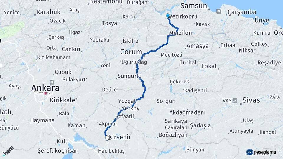 Samsun Vezirköprü Kırşehir Arası Kaç Km - Yol Haritası