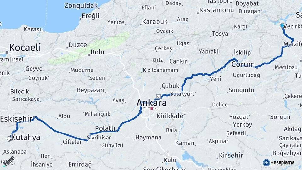 Samsun Vezirköprü Kütahya Arası Kaç Km - Yol Haritası