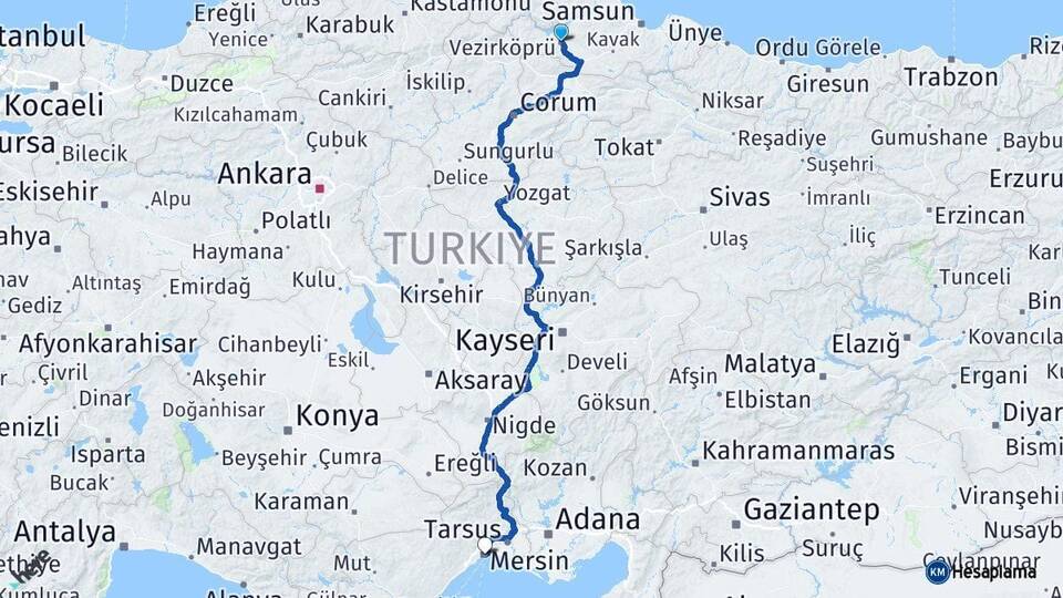 Samsun Vezirköprü Mersin Arası Kaç Km - Yol Haritası