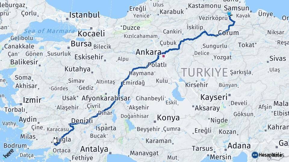 Samsun Vezirköprü Muğla Arası Kaç Km - Yol Haritası