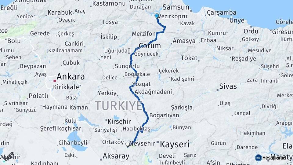 Samsun Vezirköprü Nevşehir Arası Kaç Km - Yol Haritası