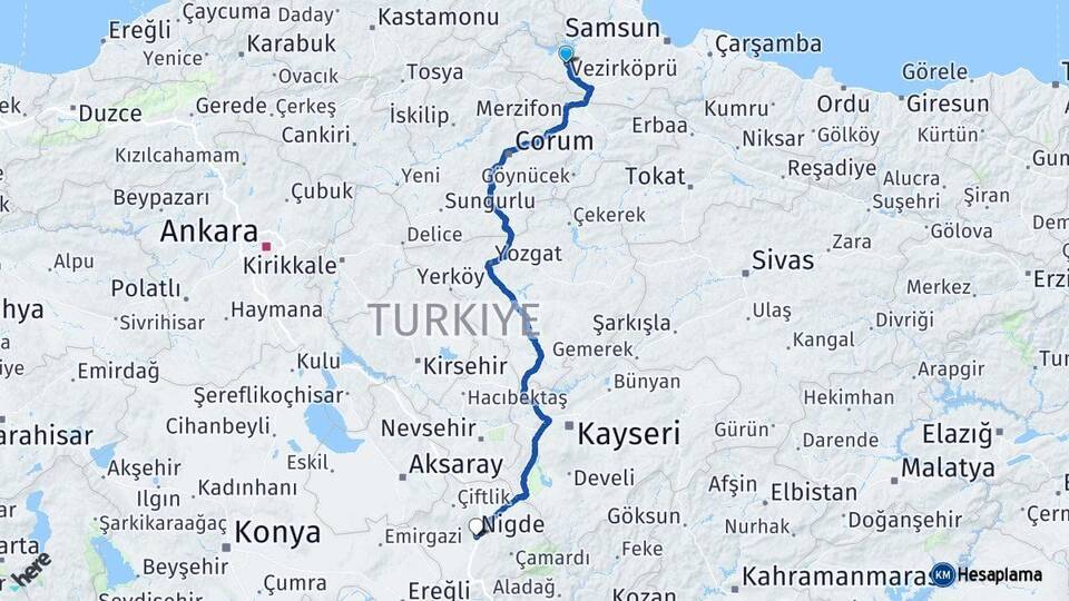 Samsun Vezirköprü Niğde Arası Kaç Km - Yol Haritası