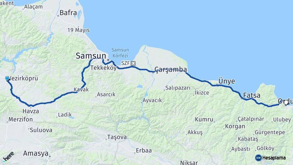 Samsun Vezirköprü Ordu Arası Kaç Km - Yol Haritası