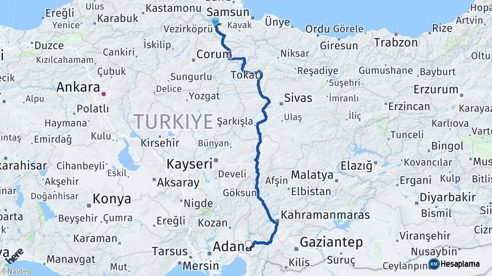 Samsun Vezirköprü Osmaniye Arası Kaç Km - Yol Haritası