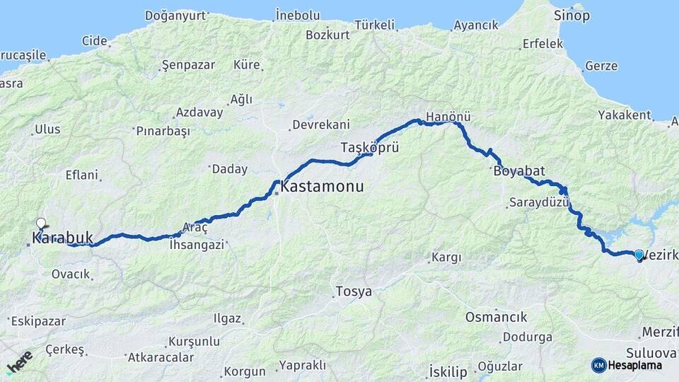 Samsun Vezirköprü Safranbolu Karabük Arası Kaç Km - Yol Haritası