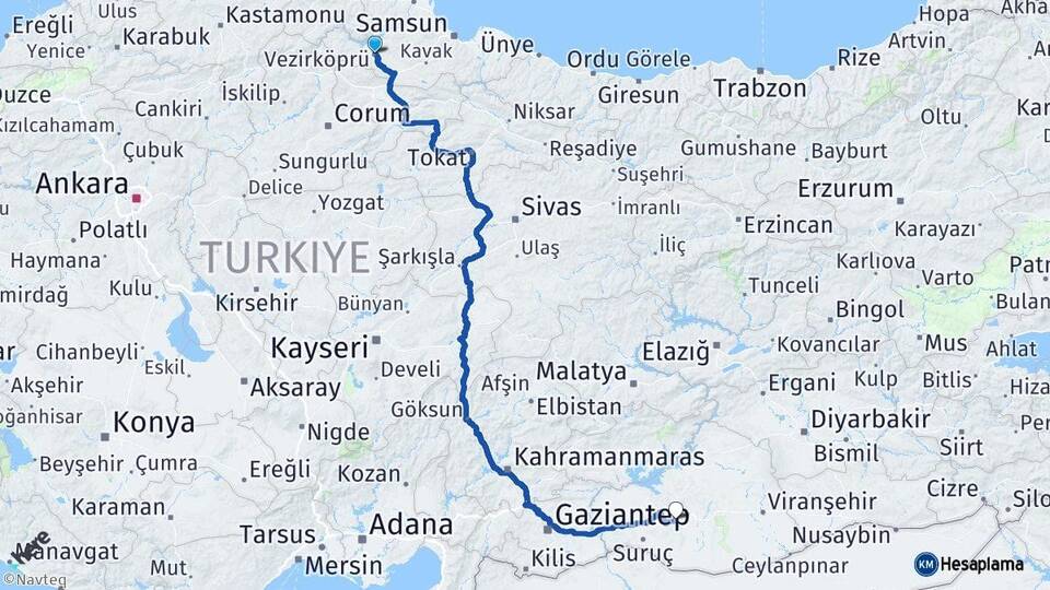 Samsun Vezirköprü Şanlıurfa Arası Kaç Km - Yol Haritası